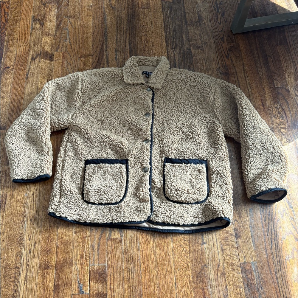 J. Crew Tan Teddy Jacket with Black Trim Sherpa xl womens new